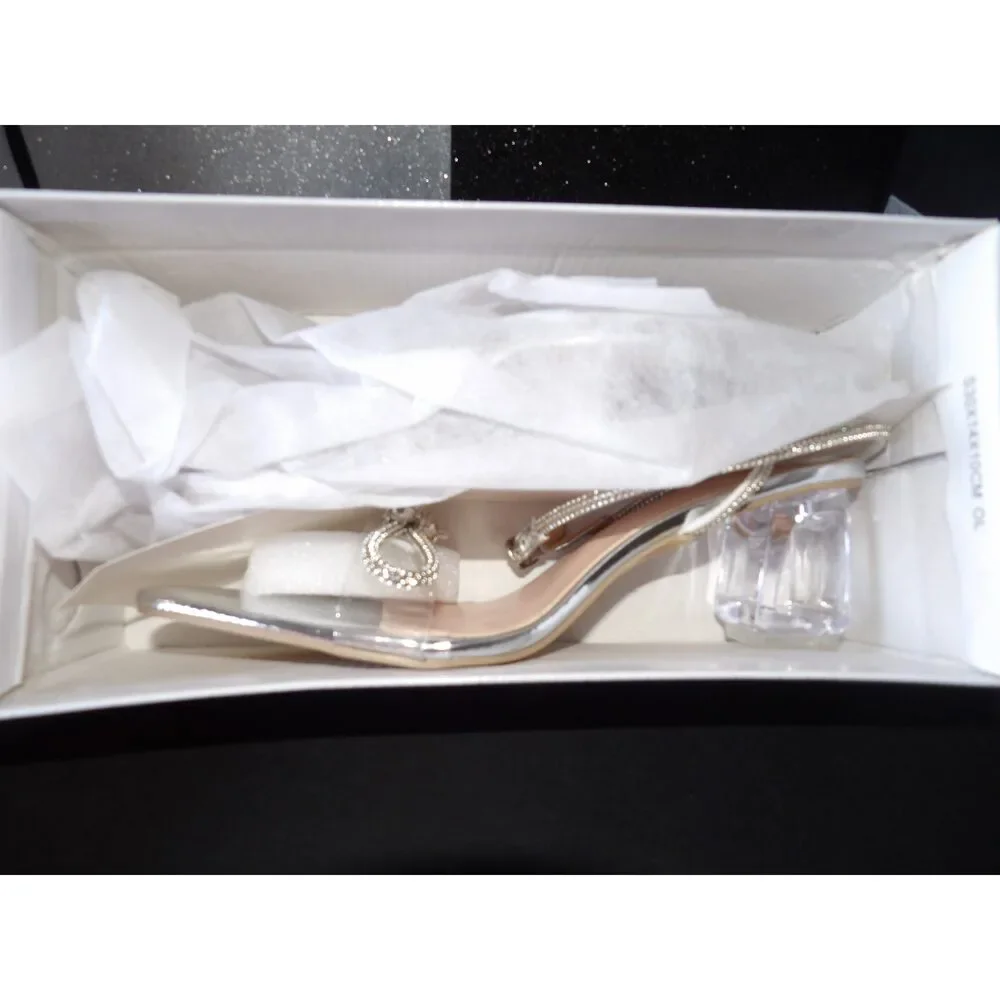 Rhinestone Bow Clear Block Heel Slingback Pumps – (Size US Women's 7.5)